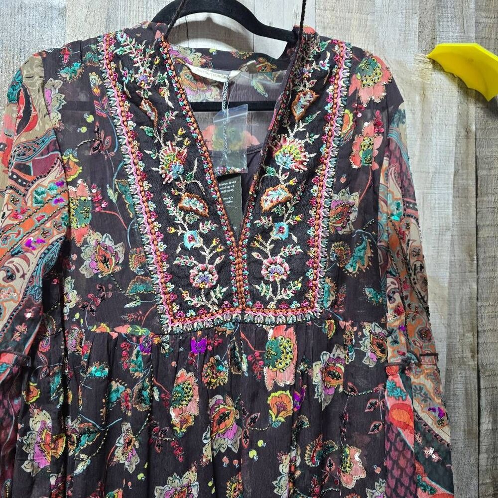 Soft Surroundings Asteria Brown Floral Beaded Tunic Blouse Medium NWT Maximalist - Picture 3 of 10